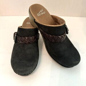 Dansko Melanie‎ Black Nubuck Leather Braided Buckle Mules Clogs Womens 36 US 6